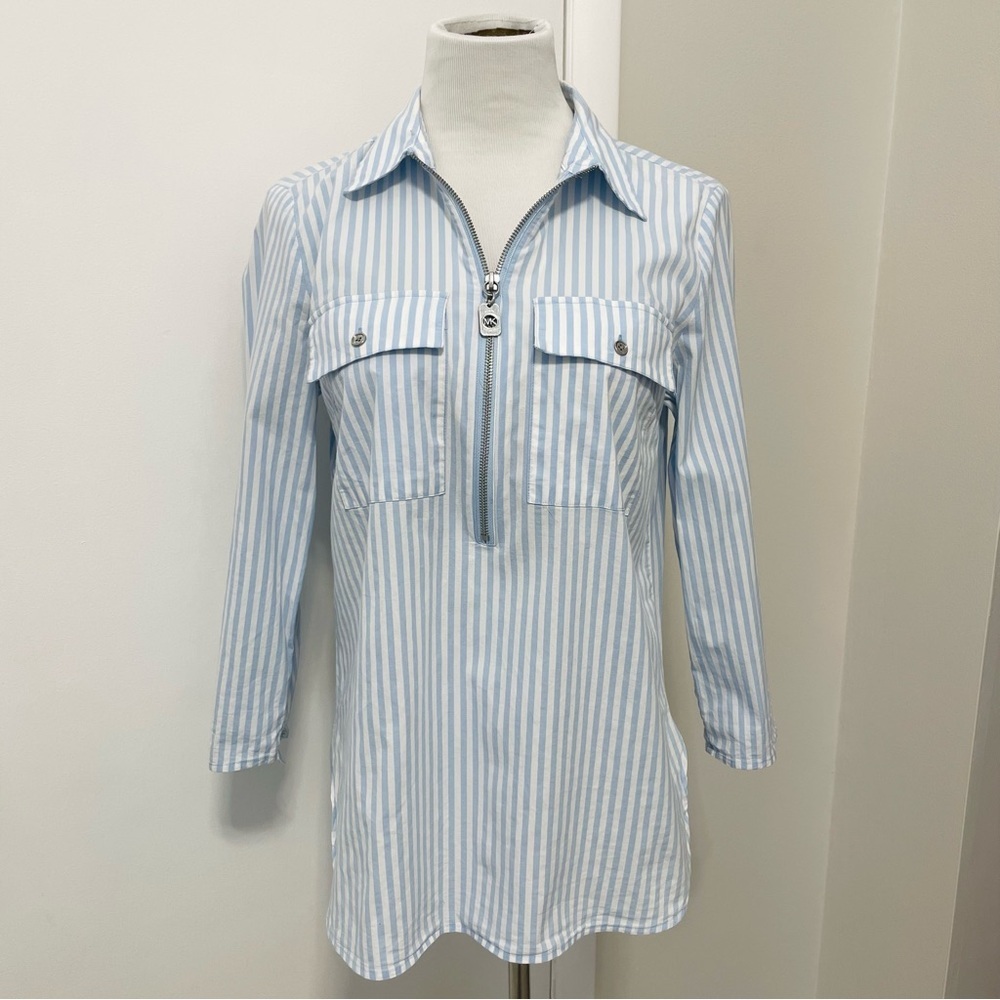 Michael Kors Light Blue and White Striped Half Zip-Up Tunic Blouse Size M